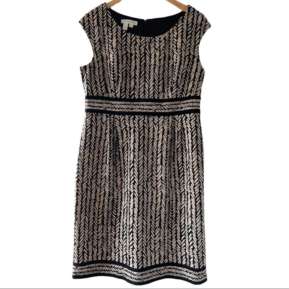 Sz 14 Sheath Sleeveless Dress, classy beige & black design, EUC